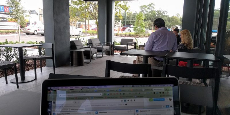 working on the terrace of the cafe